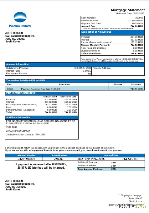 Relevé hypothécaire de la banque Woori en Corée du Sud aux formats Word et PDF